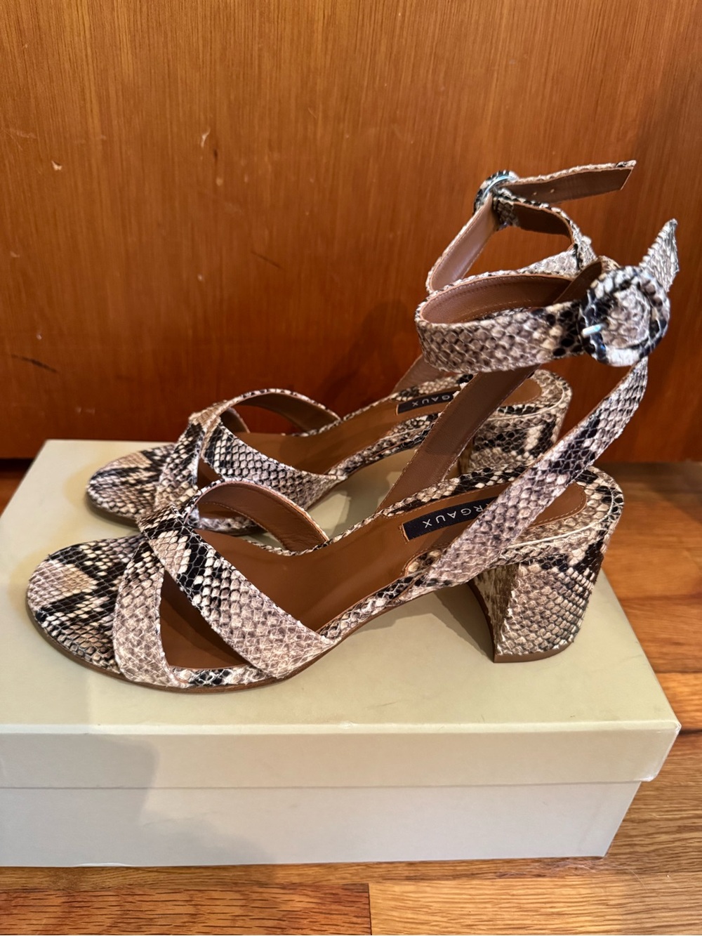 Margaux Snake-Print Ankle-Strap Block Heel Sandals - Neutral Taupe and Black